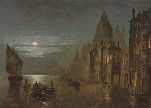 Vessels Before Venice By Moonlight Oil Painting by Friedrich Nerly