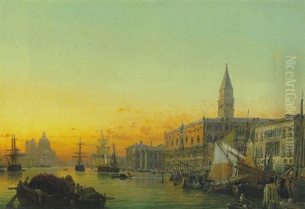 Venedig. Blick Vom Bacino Di S. Marco Auf Dogenpalast, Piazetta, Canal Grande Und Links S. Maria Della Salute Oil Painting by Friedrich Nerly