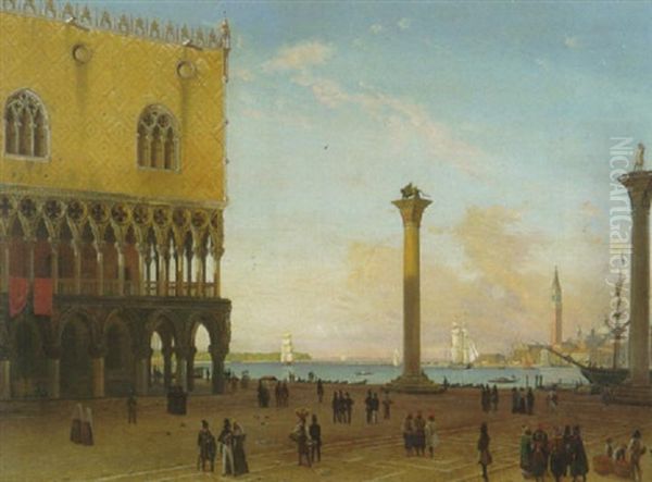 Die Piazetta Von Venedig Mit Dogenpalast Links Und Zahlreichen Menschen Auf Dem Platz Oil Painting by Friedrich Nerly