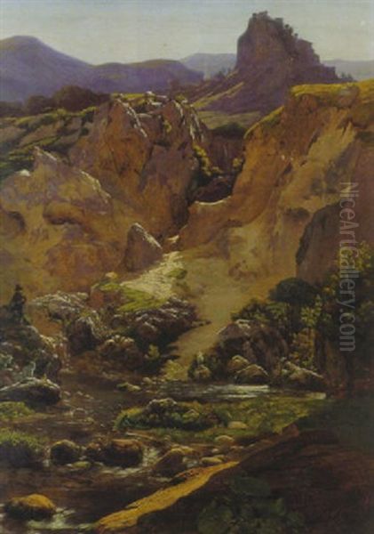 Schlucht Mit Wildbach Und Ziegenhirte Unterhalb Cervaras Im Aequergebirge Oil Painting by Friedrich Nerly