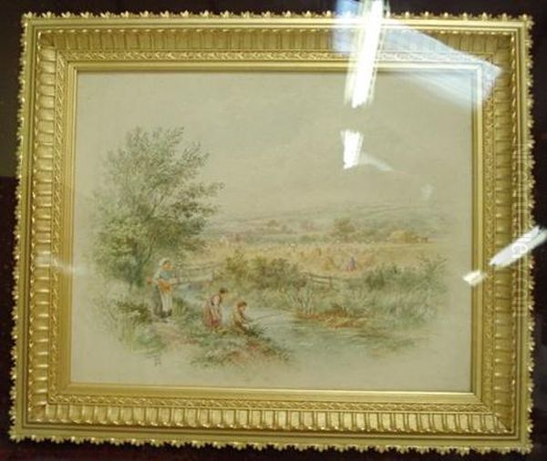 Children Fishing Beside A Stream With Figures Working In Fields Beyond Oil Painting by Foster Birkett