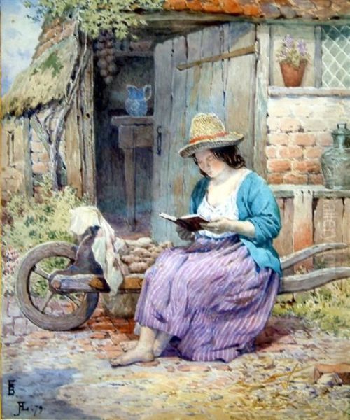 Girl Reading Whilst Seated On A Barrow Oil Painting by Foster Birkett