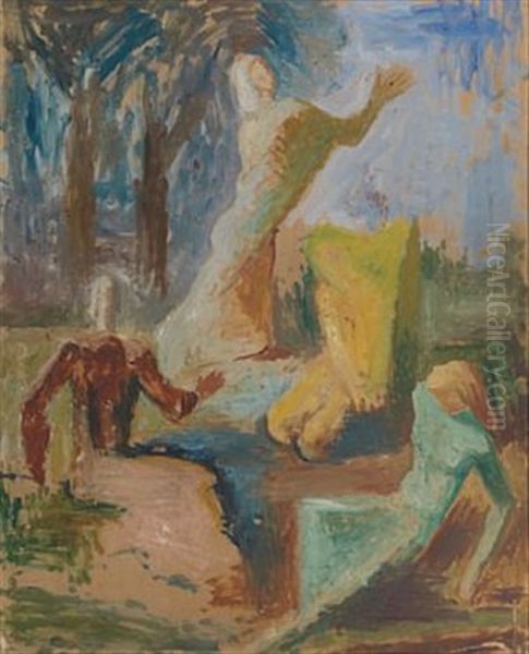 Landskap Med Figurer Oil Painting by Bjarne Ness