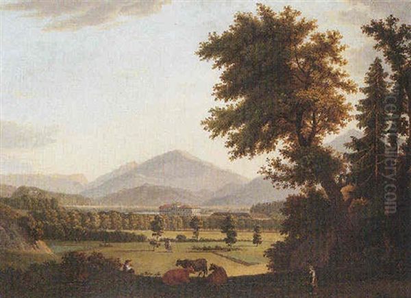 A View Of A Country House, With Figures And Cattle In The Grounds, Foothills Beyond Oil Painting by Andreas Nesselthaler