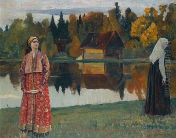 By The Lake Oil Painting by Mikhail Vasilievich Nesterov