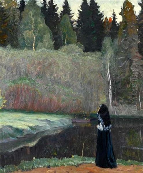 By The Lake Oil Painting by Mikhail Vasilievich Nesterov