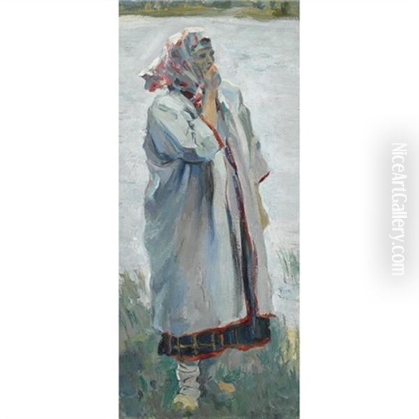 Peasant Woman Standing On River Bank Oil Painting by Mikhail Vasilievich Nesterov