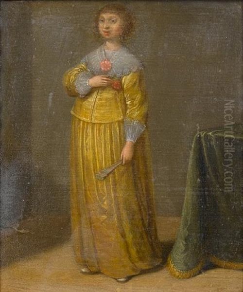 Portrait Of A Lady, Full-length, In A Yellow Dress With A White Lace Collar, Held With A Red Rosette, Standing Beside A Draped Table Oil Painting by Laurentius de Neter