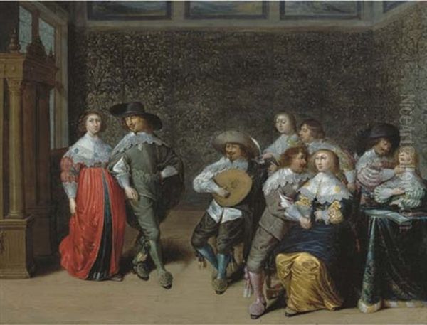 Elegant Company Making Merry And Music In An Interior Oil Painting by Laurentius de Neter