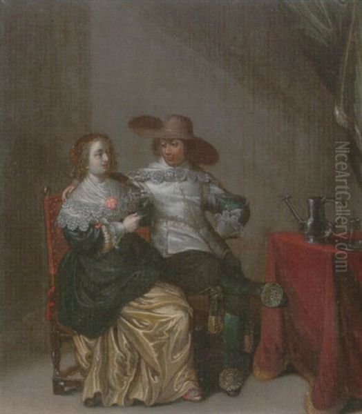 An Interior With A Soldier Making Advances To A Lady, Beside A Draped Table With A Pewter Jug Oil Painting by Laurentius de Neter