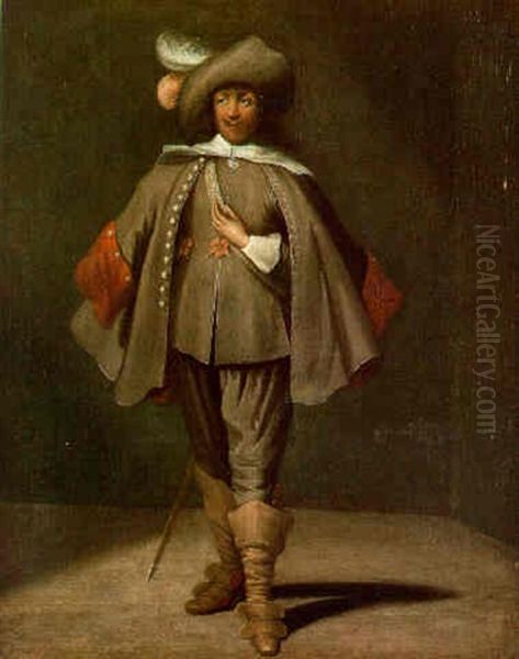 A Militiaman Standing In A Brown Coat And Cloak And Wearing A Plumed Hat Oil Painting by Laurentius de Neter