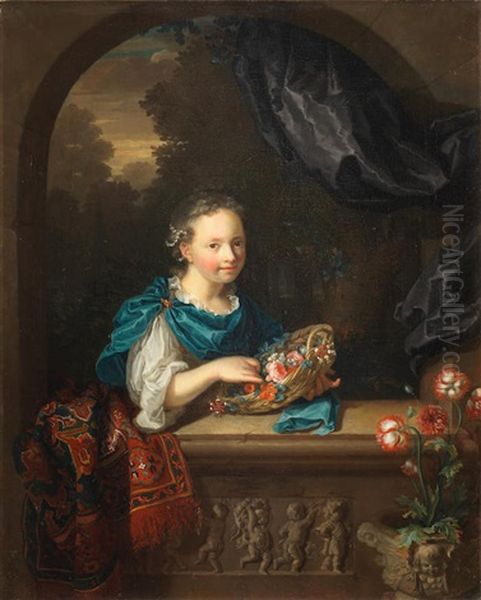 A Girl With A Basket Of Flowers Beside A Carved Stone Window Ledge Oil Painting by Caspar Netscher