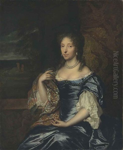 Portrait Of A Lady, Three-quarter-length, Seated By A Balustrade Oil Painting by Caspar Netscher