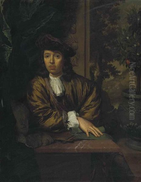 Portrait Of An Artist, Half-length, With A Palette, Marble Busts, And An Orange Tree Oil Painting by Caspar Netscher