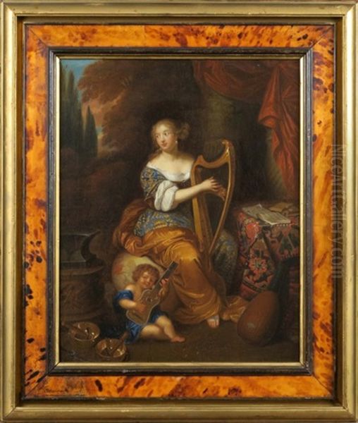 Joueuse De Harpe Et Enfant Jouant De La Guitare Oil Painting by Caspar Netscher