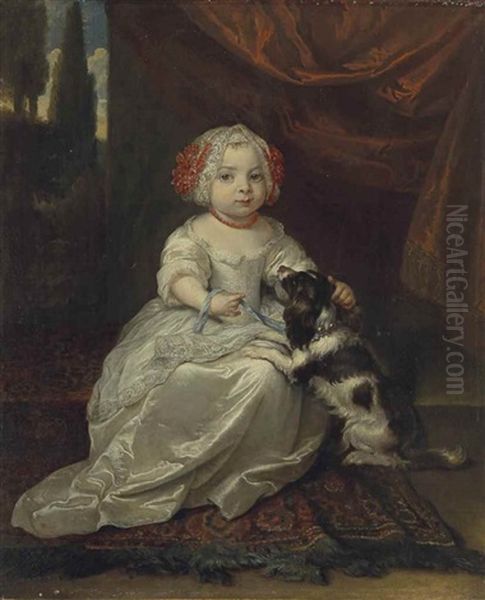 Portrait Of A Young Girl With A Dog Seated Before A Red Curtain, A Park Landscape Beyond Oil Painting by Caspar Netscher