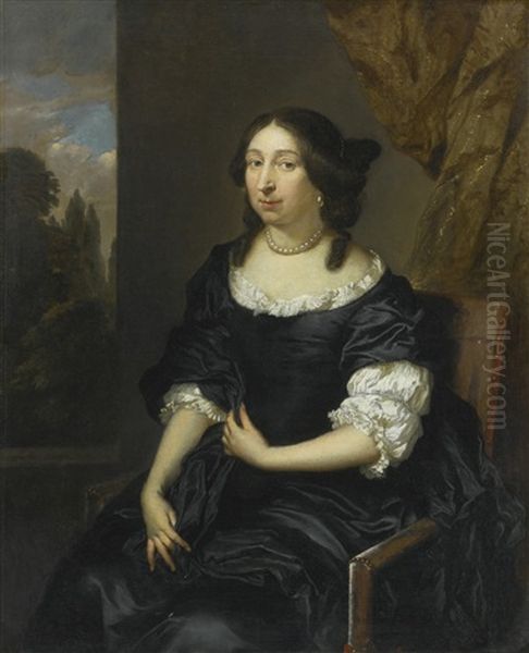 Portrait Of A Lady, Three-quarter Length, Seated Before A Window, Wearing A Black Bodice And Petticoat And A Pearl Necklace Oil Painting by Caspar Netscher