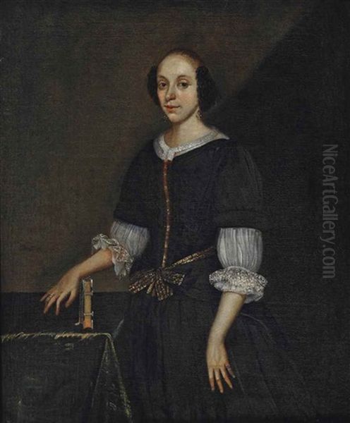 Portrait Of A Lady, Three-quarter-length, In A Brown Dress, Standing Beside A Table Oil Painting by Caspar Netscher