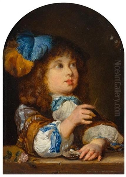 Portrait Of A Boy, In A Feather Headdress, Making Bubbles Oil Painting by Caspar Netscher