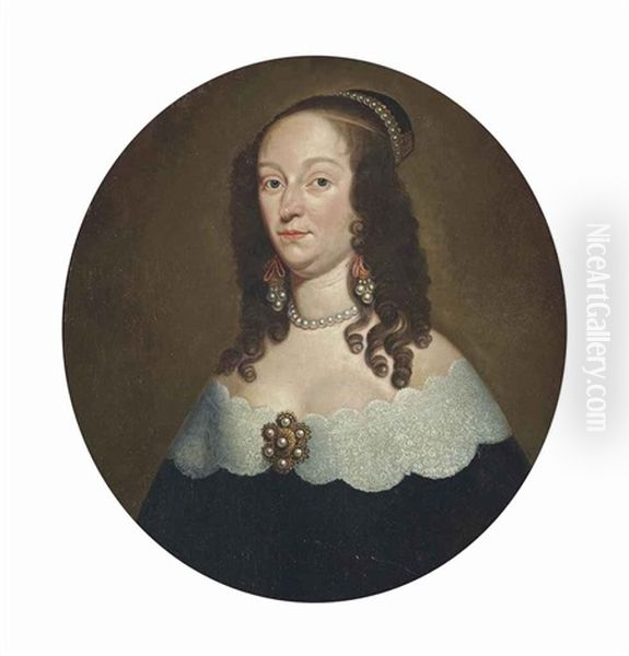 Portrait Of A Lady, Traditionally Identified As Catharina Amino, Half-length, In A Black Dress With A Lace Border, Pearl Earrings And A Necklace Oil Painting by Caspar Netscher