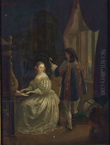 Jeune Couple Jouant De La Musique Oil Painting by Caspar Netscher