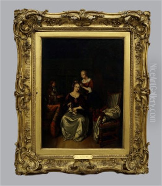 Lady In Her Bed Chamber With Attendants And A Dog Oil Painting by Caspar Netscher