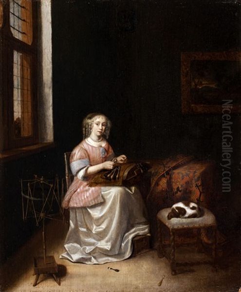 Jeune Femme Brodant Dans Un Interieur Oil Painting by Caspar Netscher