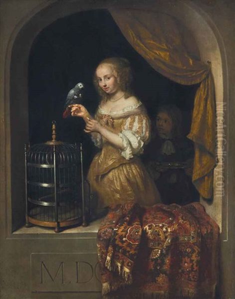 Woman Feeding A Parrot Oil Painting by Caspar Netscher