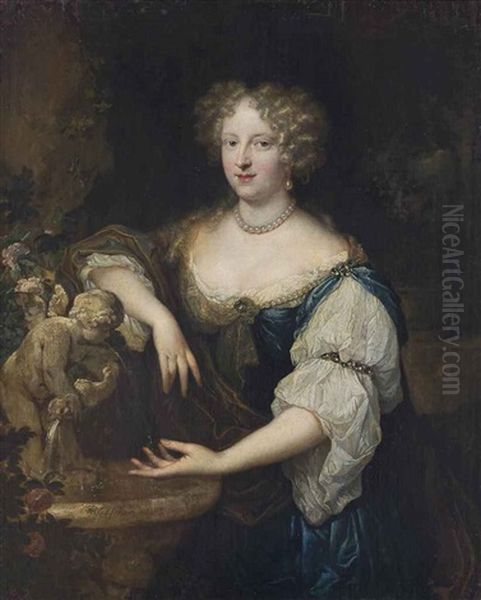 Portrait Of A Lady, Three-quarter-length, In A Blue And White Dress, With A Gold Wrap And Pearl Ornaments, By A Fountain In A Landscape Oil Painting by Caspar Netscher