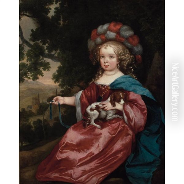 Girl In Festive Dress Holding A Spaniel Oil Painting by Caspar Netscher