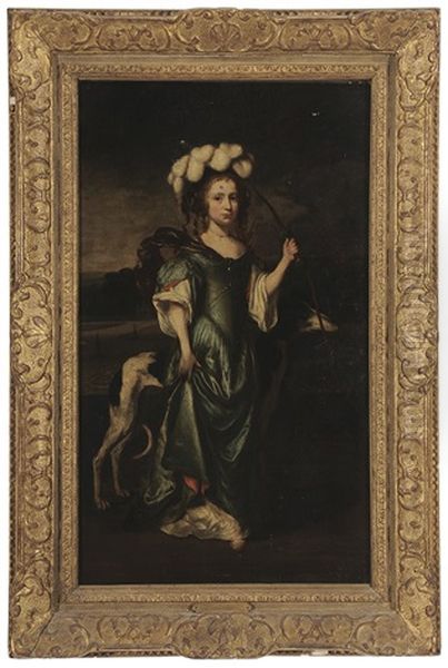 Portrait Of A Comely Girl As Diana Holding A Bow Oil Painting by Caspar Netscher