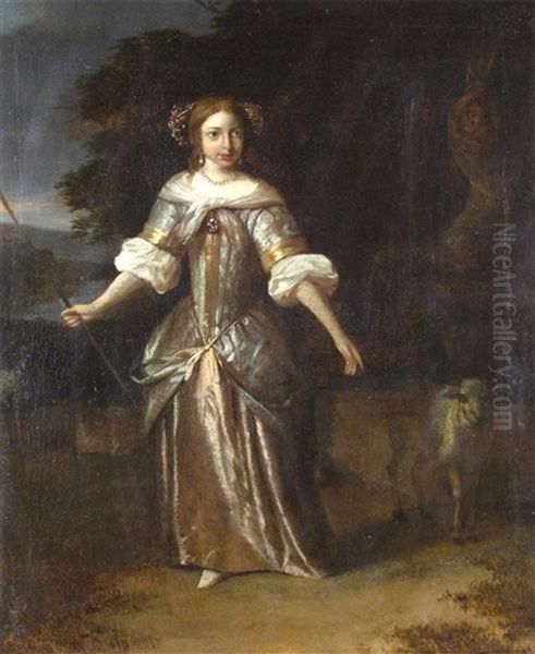 Portrait Of A Girl As A Shepherdess In A Classical Landscape Oil Painting by Caspar Netscher