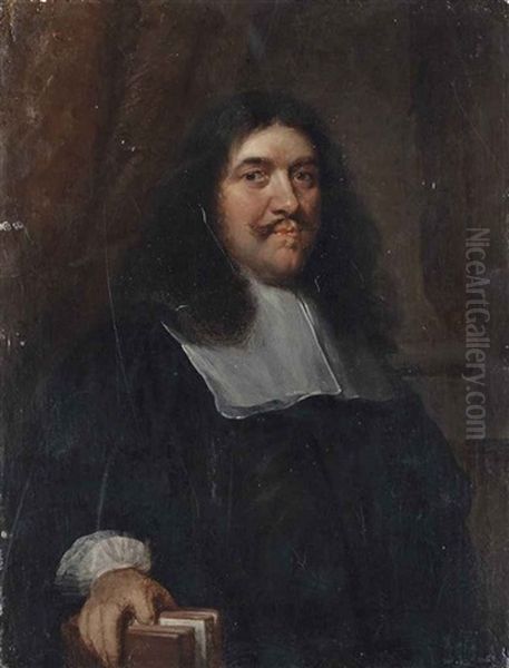 Portrait Of A Man, Half-length, In Black Robes And A Collar, Before A Draped Column Oil Painting by Caspar Netscher