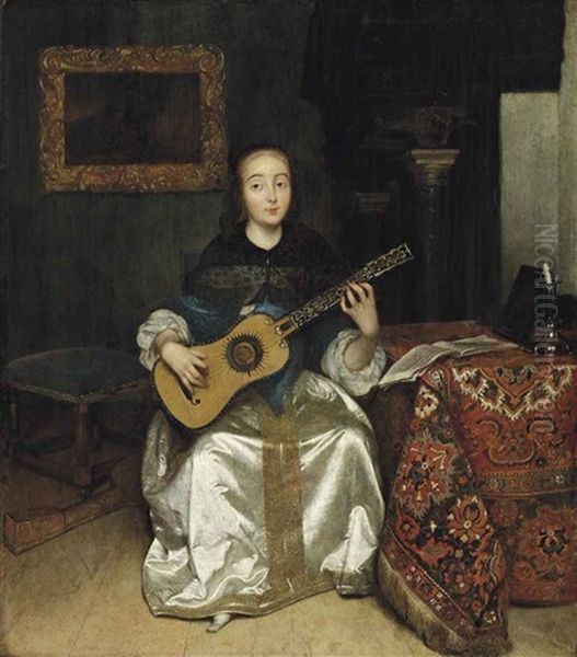 An Elegant Woman Playing The Guitar By A Draped Table, In An Interior Oil Painting by Caspar Netscher