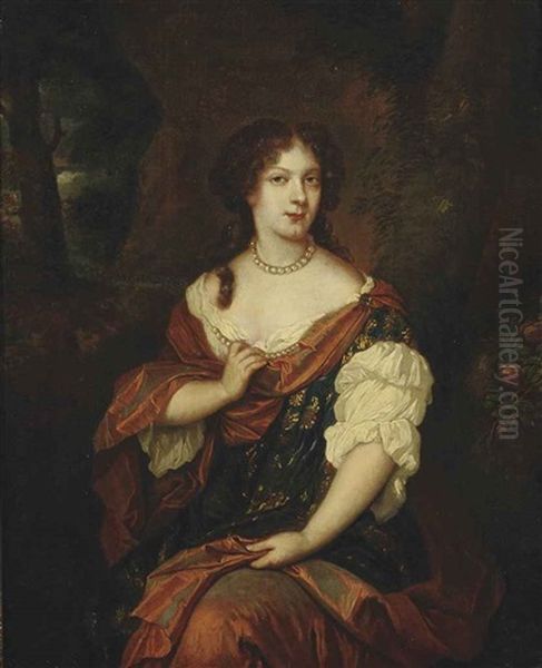 Portrait Of A Lady, Three-quarter-length, In A Richly Embroidered Dress With White Sleeves And A Shot Silk Wrap, Wearing Pearls, Seated In A Wooded... Oil Painting by Caspar Netscher