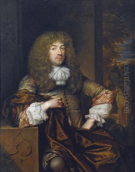 Portrait Of Jan Boudaen Courten, Lord Of Schellach, St. Laurens And Popkensburg, Judge And Alderman Of Middelburg, Seated Three-quarter Length, Before A Classical Garden Oil Painting by Caspar Netscher