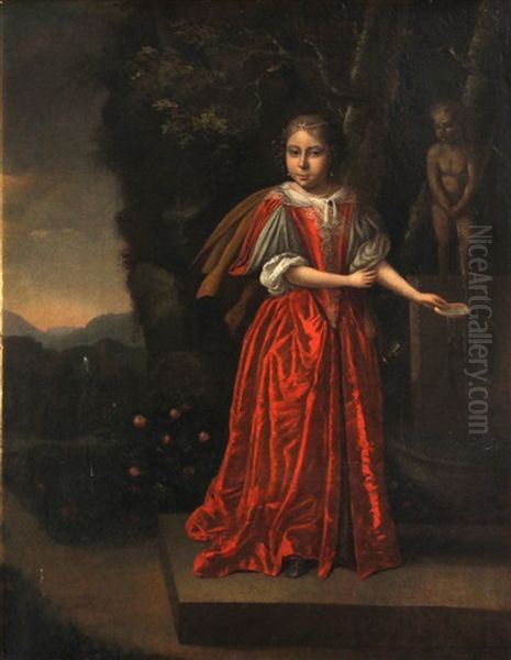 A Portrait Of A Young Girl, Full-length, Wearing A Red Gown, Standing Before A Fountain In A Garden Oil Painting by Caspar Netscher