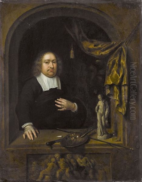 Bildnis Eines Malers In Fensternische Oil Painting by Caspar Netscher