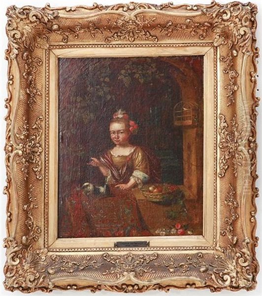 Portrait Of Young Woman With Bird And Dog Oil Painting by Caspar Netscher