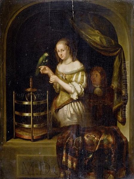 Madchen Mit Papagei Oil Painting by Caspar Netscher