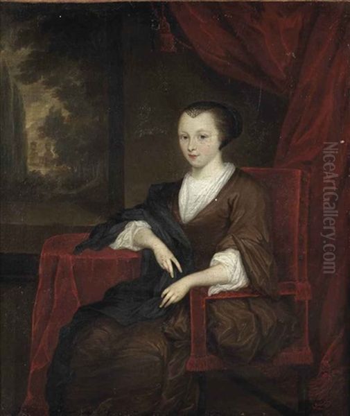 Portrait Of A Lady, In A Brown Dress And Black Wrap With A White Collar And Cuffs, Seated At A Draped Table With A View Of A Park Landscape Beyond Oil Painting by Caspar Netscher