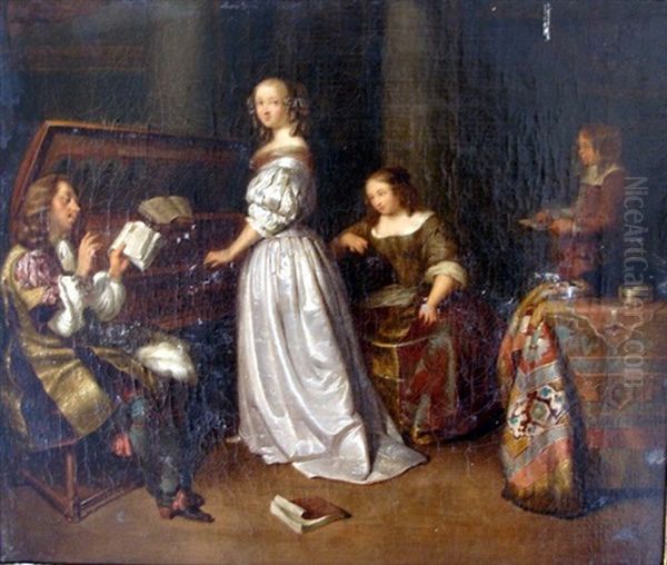 Song With Harpischord Accompaniment Oil Painting by Caspar Netscher