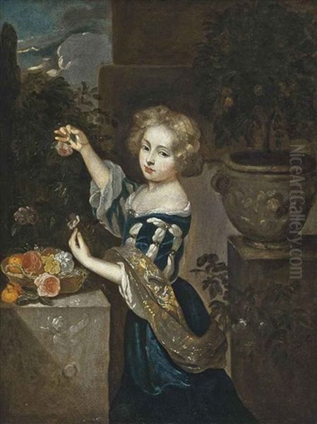 Portrait Of A Young Girl Wearing A Blue Velvet Dress And Holding Two Pink Roses, In A Garden Oil Painting by Caspar Netscher