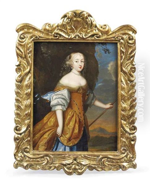 Portrait Of A Lady In An Ochre And Blue Silk Dress, A Staff In Her Left Hand, In A Landscape Oil Painting by Caspar Netscher