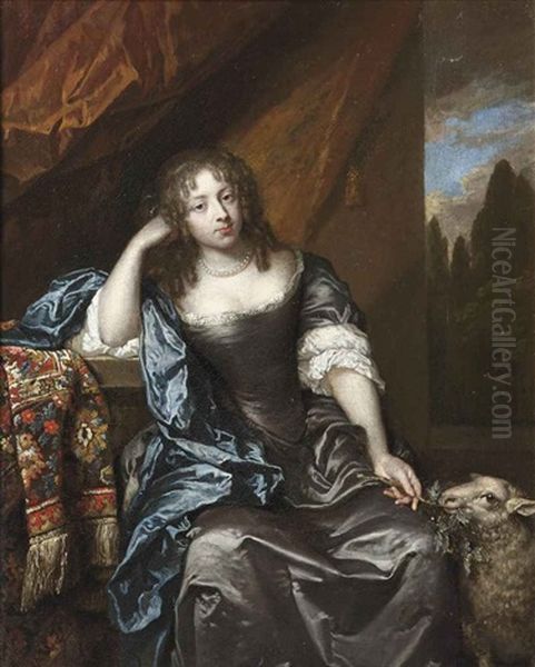 Portrait Of A Lady, In A Gray Silk Dress With Lace Chemise, Blue Wrap And A Pearl Necklace, Holding A Branch In Her Left Hand, A Lamb At Her Side Oil Painting by Caspar Netscher