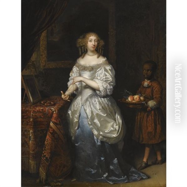 A Portrait Of A Lady, Wearing A Blue-and-white Satin Dress, At Her Toilet, Attended By A Negro Page Bearing A Dish Of Fruit Oil Painting by Caspar Netscher