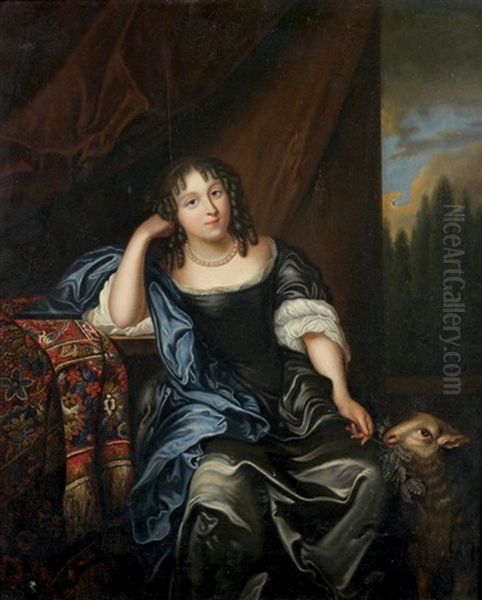 Portrait De Femme Sur Fond De Paysage Accompagne D'un Agneau Oil Painting by Caspar Netscher