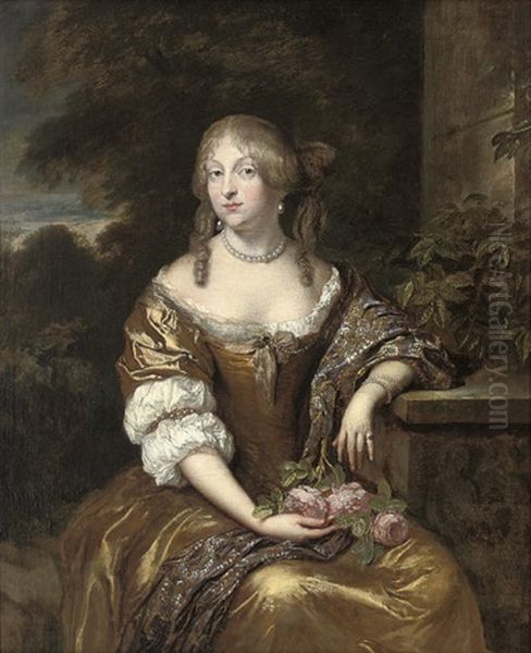 Portrait Of A Lady In A Gold Dress And Blue Wrap With Gold Embroidery, A Wooded Landscape Beyond Oil Painting by Caspar Netscher