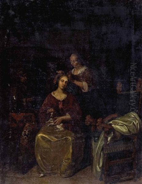 Dame Bei Der Toilette (copy By Paul Poetzsch) Oil Painting by Caspar Netscher