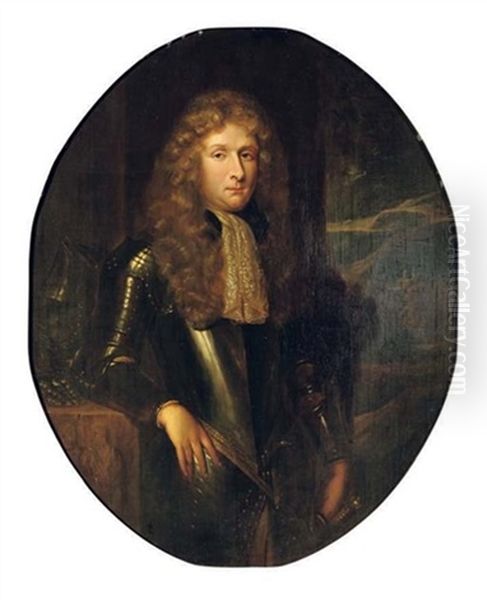 Portrait Of A Gentleman In Armour And A Lace Jabot, Leaning On A Stone Ledge, A Landscape Beyond Oil Painting by Caspar Netscher